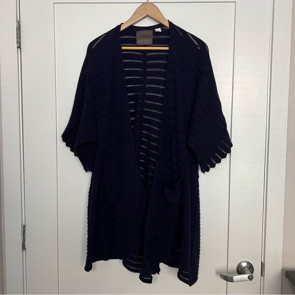 Anthropologie Guinevere Cardigan Sweater M Deep Blue Long Line Knit Open Front - Picture 2 of 14